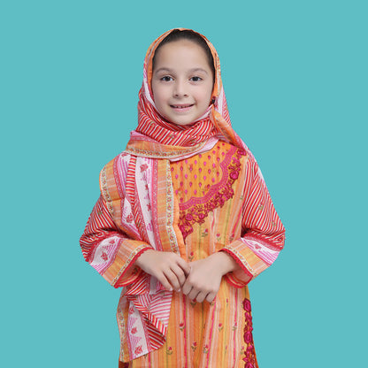 Girl Printed Cambric Stitch Shirt (Kurti) with Dupatta & Printed Trouser