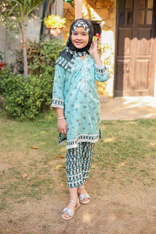 Girl woman  Printed Embroidered Lawn Stitch Shirt Kurti Frock Cotton Dupatta Printed Trouser