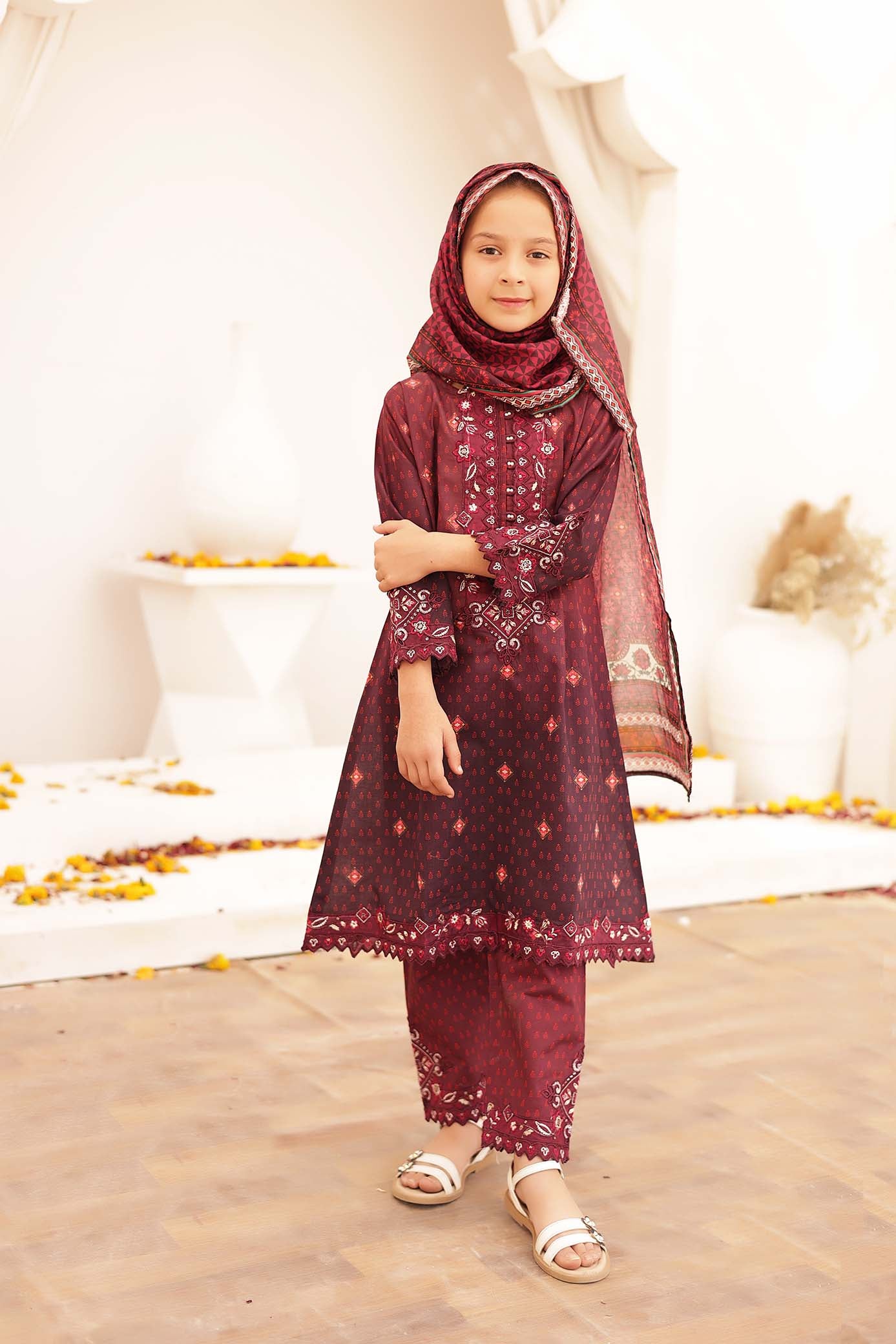 Girl woman  Printed Embroidered Lawn Stitch Shirt Kurti Frock Cotton Dupatta Printed Trouser