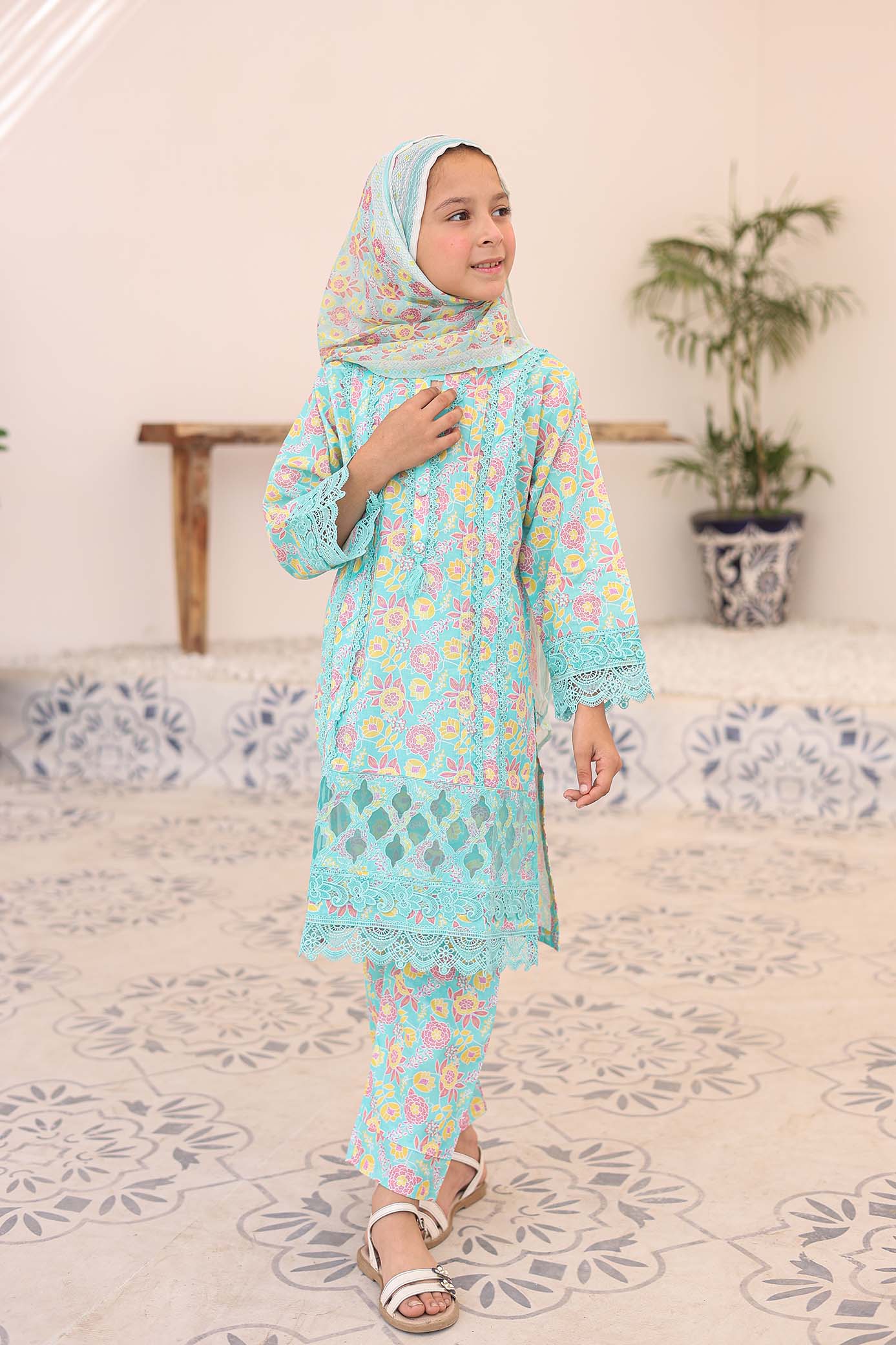 Girl Stitched Embroidered Printed cambric Shirt kurta Dyed Trouser Pant & Dupattah scarf