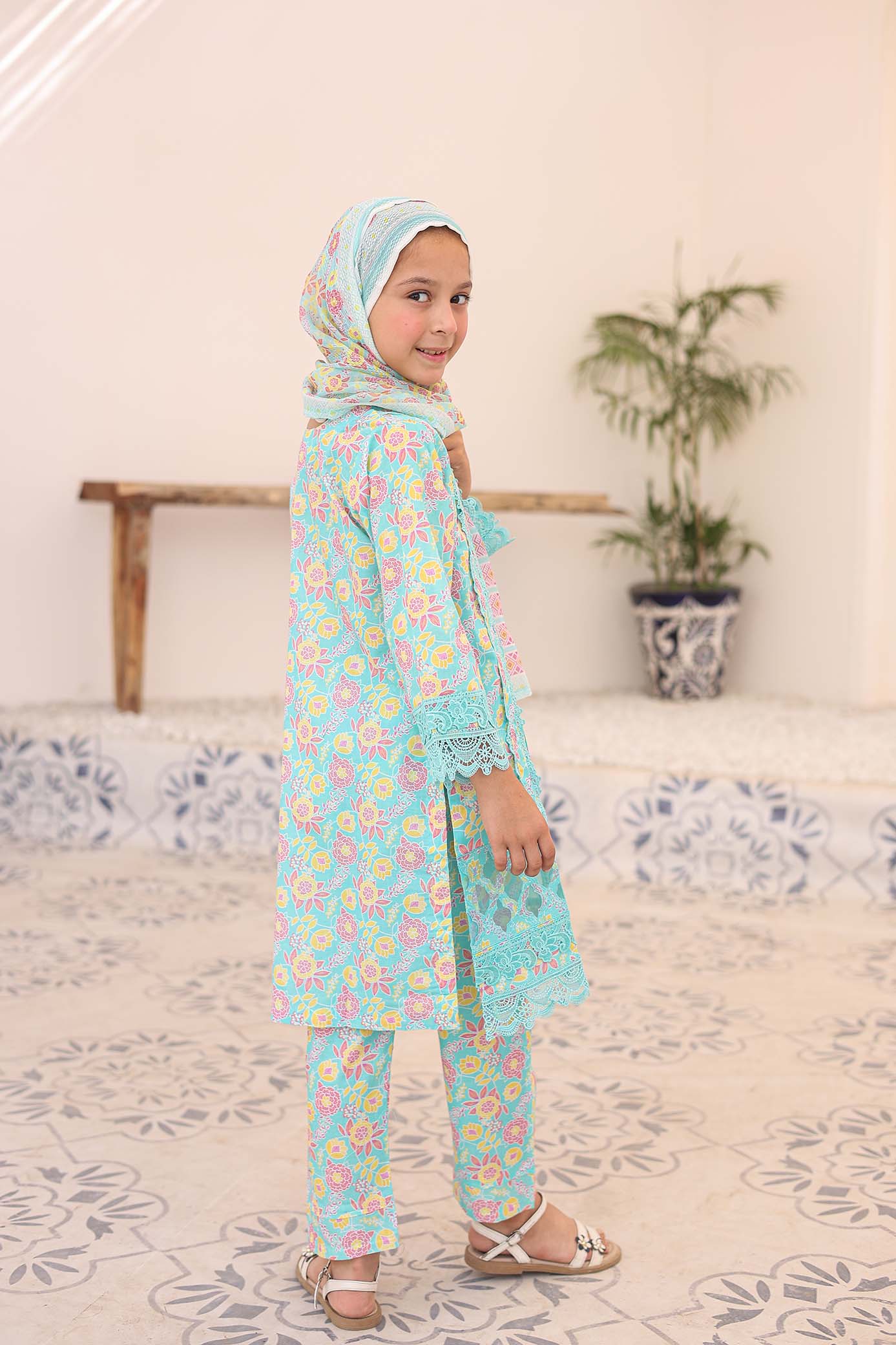 Girl Stitched Embroidered Printed cambric Shirt kurta Dyed Trouser Pant & Dupattah scarf