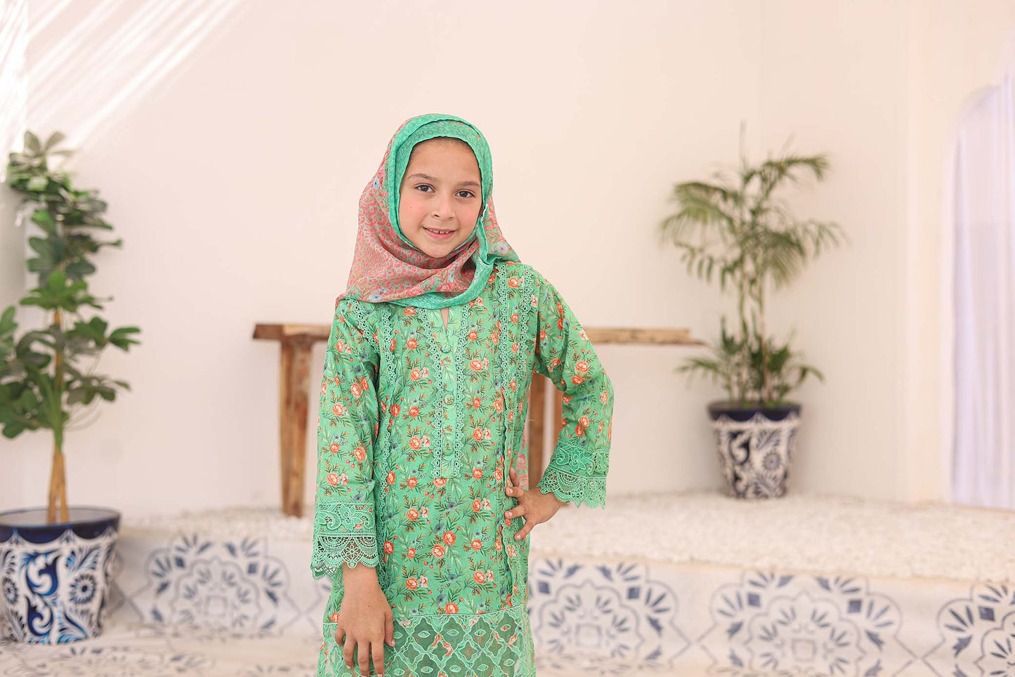 3 PC - GREEN - EMBROIDERED - LACE & CUTWORK