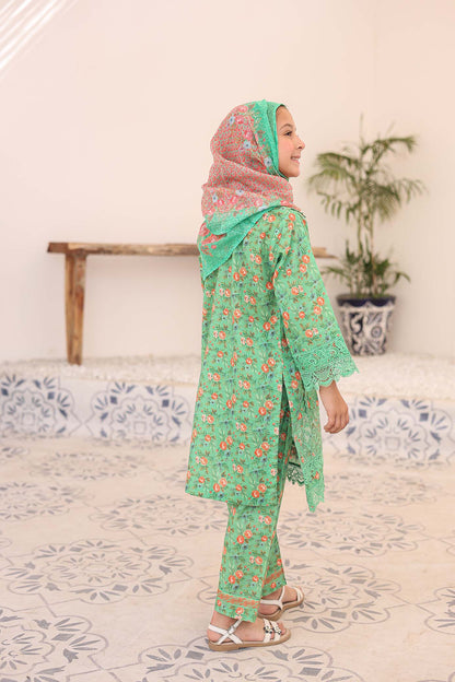 3 PC - GREEN - EMBROIDERED - LACE & CUTWORK