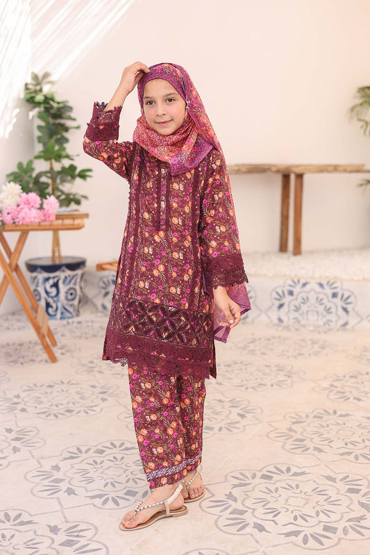 3 PC - MAROON - EMBROIDERED - LACE & CUTWORK