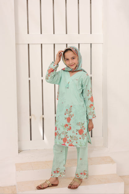 03 Pc Mint Green Printed Lawn Suit with Dupatta & Printed Trouser