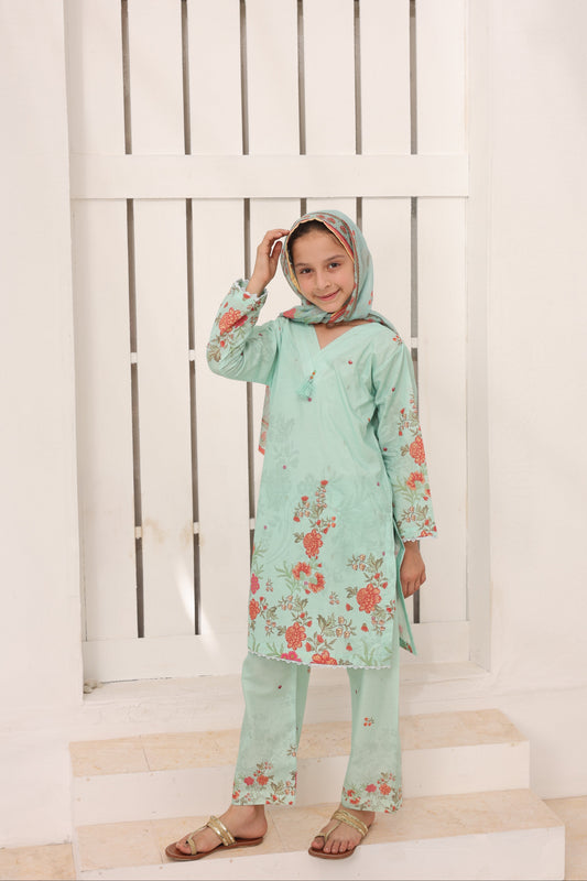 03 Pc Mint Green Printed Lawn Suit with Dupatta & Printed Trouser