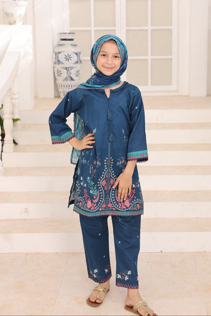 03 Pc Indigo Blue Printed Lawn Suit with Dupatta & Printed Trouser