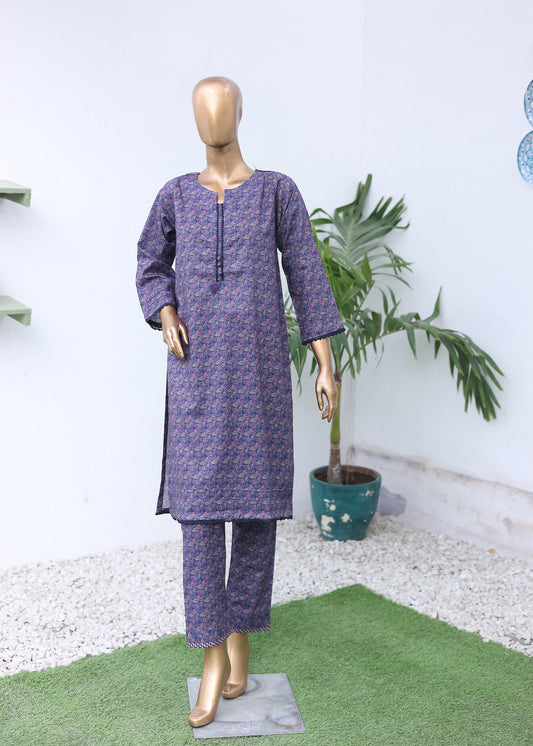 Mannequin wearing a purple coat with a plant on a white background