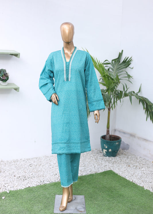 Teal jacket on a mannequin with gold shoes against a white background