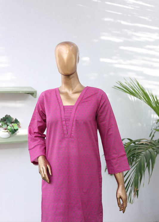 Mannequin wearing a bright pink outfit with a white background