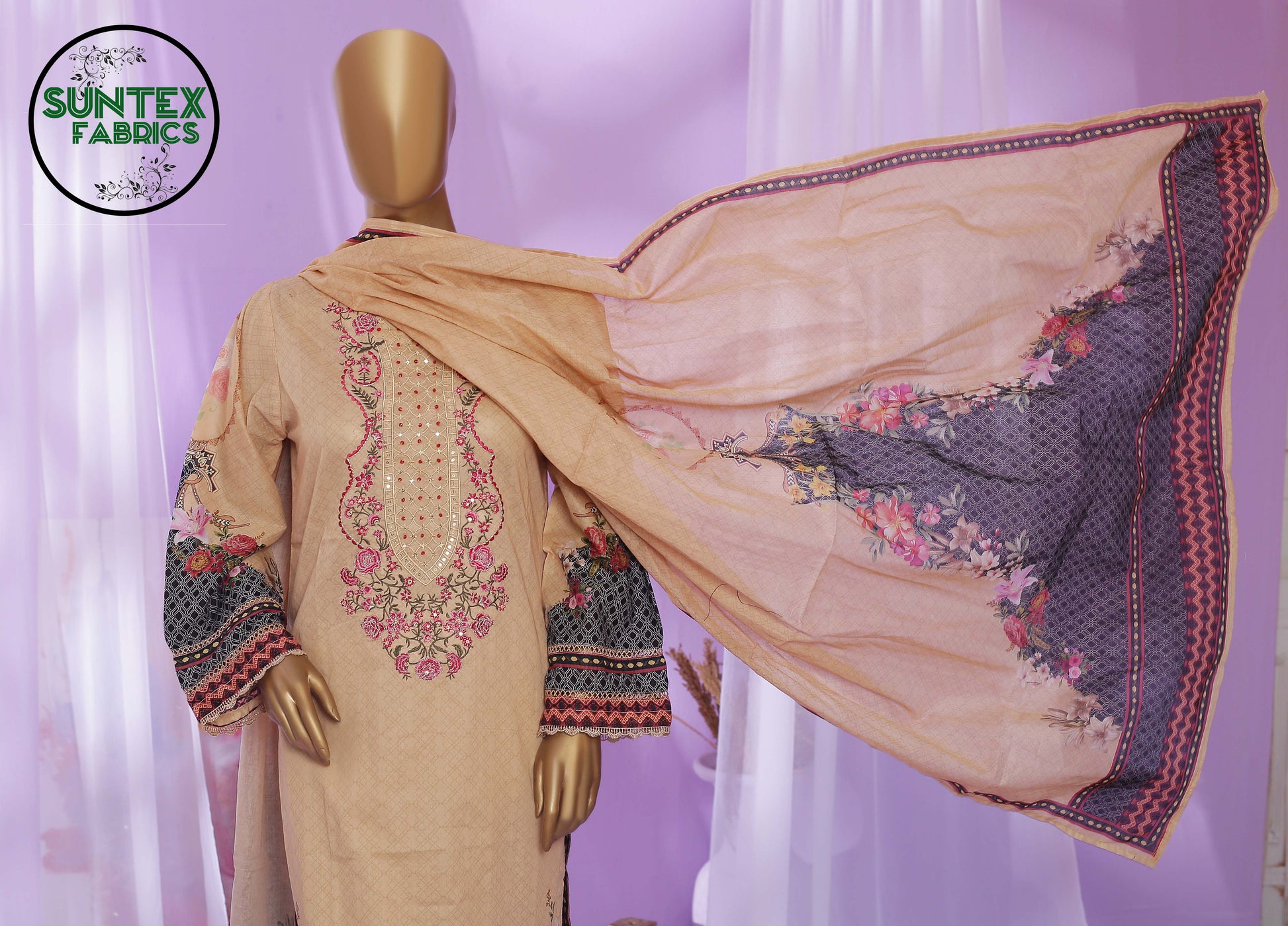 Woman Printed Embroidered Lawn Stitch Shirt (Kurti) with Dupatta & Trouser