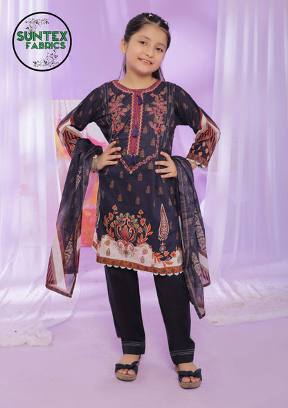 Girl Printed Embroidered Lawn Stitch Shirt Frock (Kurti) with Dupatta & Trouser