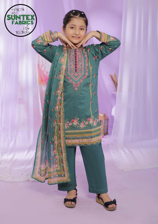 Girl Printed Embroidered Lawn Stitch Shirt (Kurti) with Dupatta & Trouser