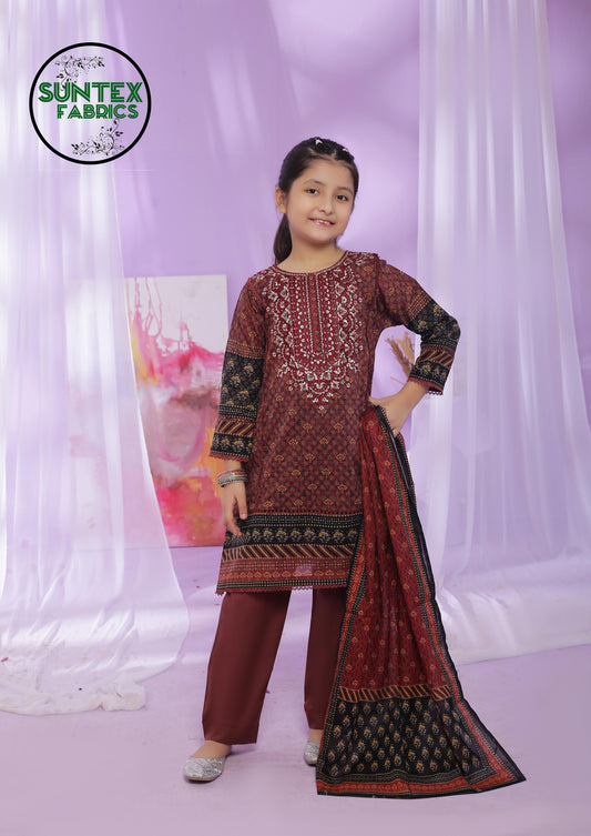 Girl Printed Embroidered Lawn Stitch Shirt Frock (Kurti) with Dupatta & Trouser