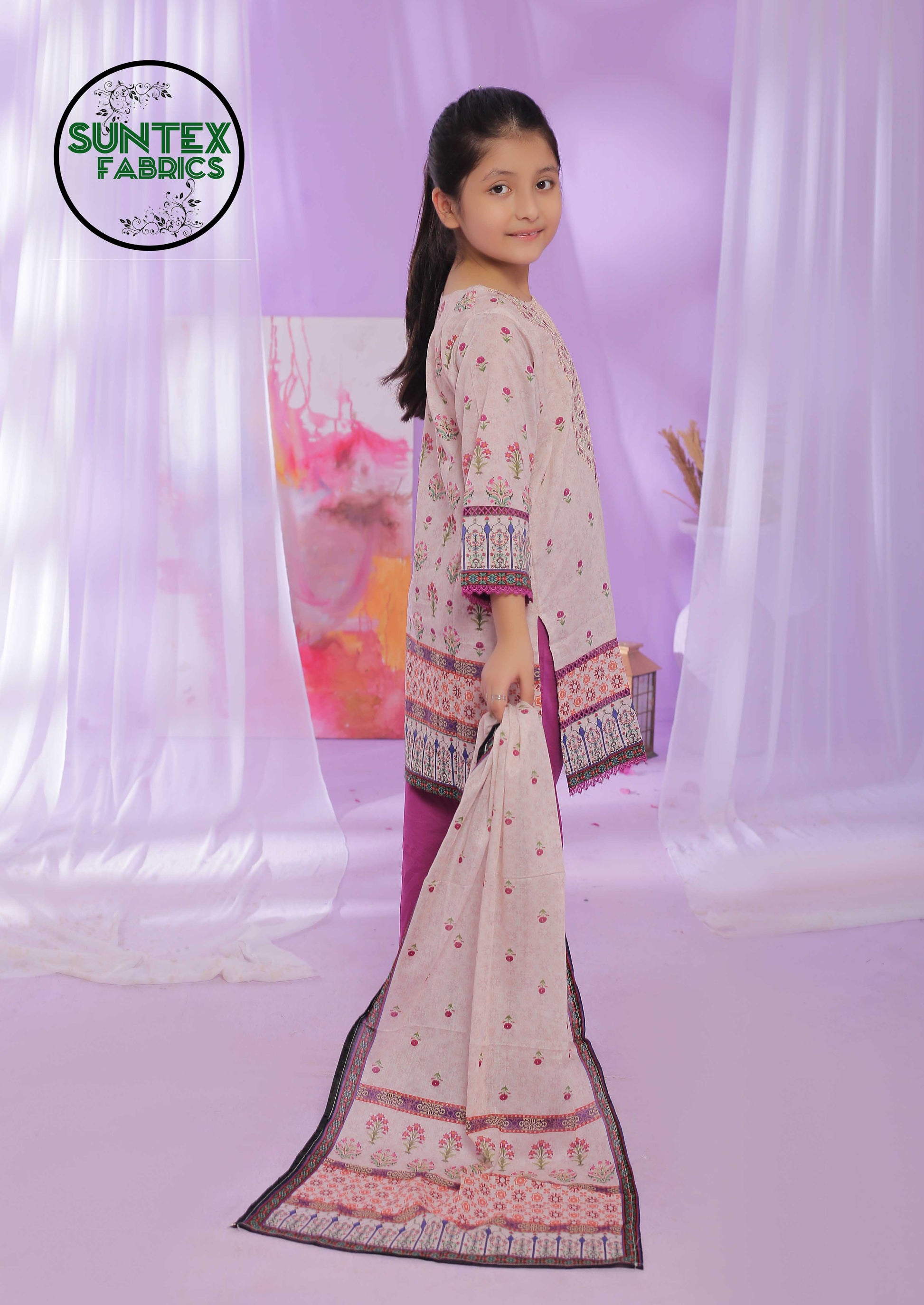 Girl Printed Embroidered Lawn Stitch Shirt (Kurti) with Dupatta & Trouser