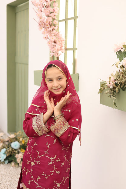 Woman in a red embroidered outfit with a green background