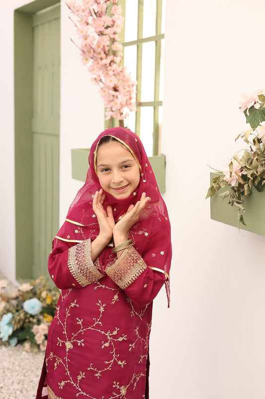 Girlz Eid Edit - Frock - Raspberry -03 Pcs | Formal Party wear