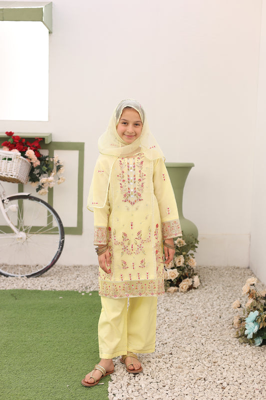 Girlz Eid Edit - Shirt Pale Yellow -03 Pcs | Formal Party wear