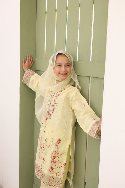 Girlz Eid Edit - Shirt Pale Yellow -03 Pcs | Formal Party wear