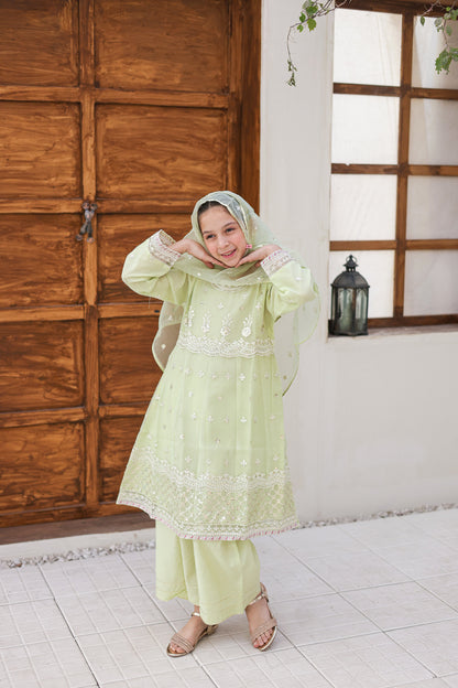 Woman in a light green traditional outfit standing in a room with wooden paneling and a window.