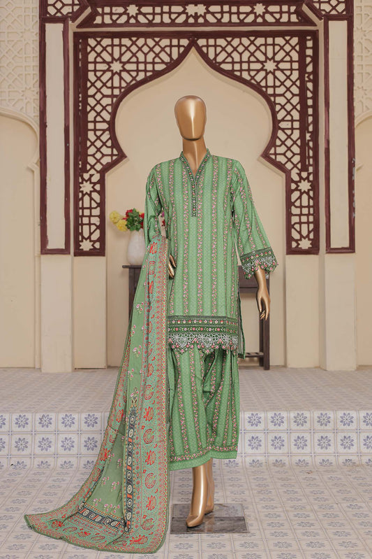 3 Pc - GREEN - Farshi Shalwar Printed Chikankari Embroidered Collection