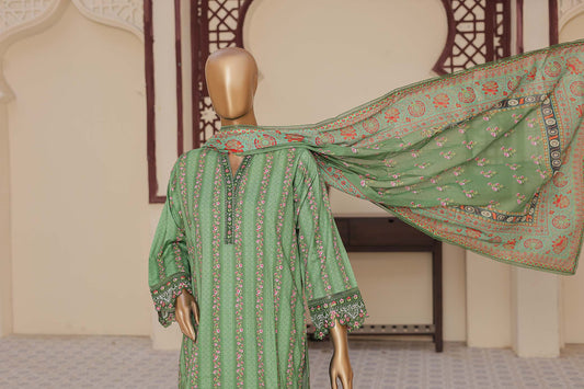3 Pc - GREEN - Farshi Shalwar Printed Chikankari Embroidered Collection