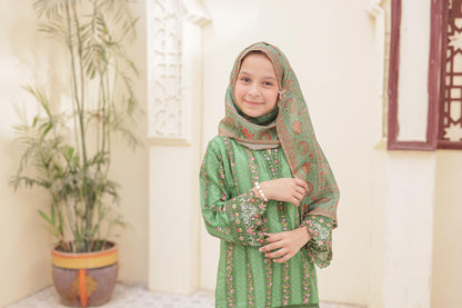 3 Pc - GREEN - Farshi Shalwar Printed Chikankari Embroidered Collection