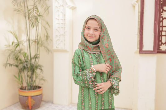 3 Pc - GREEN - Farshi Shalwar Printed Chikankari Embroidered Collection
