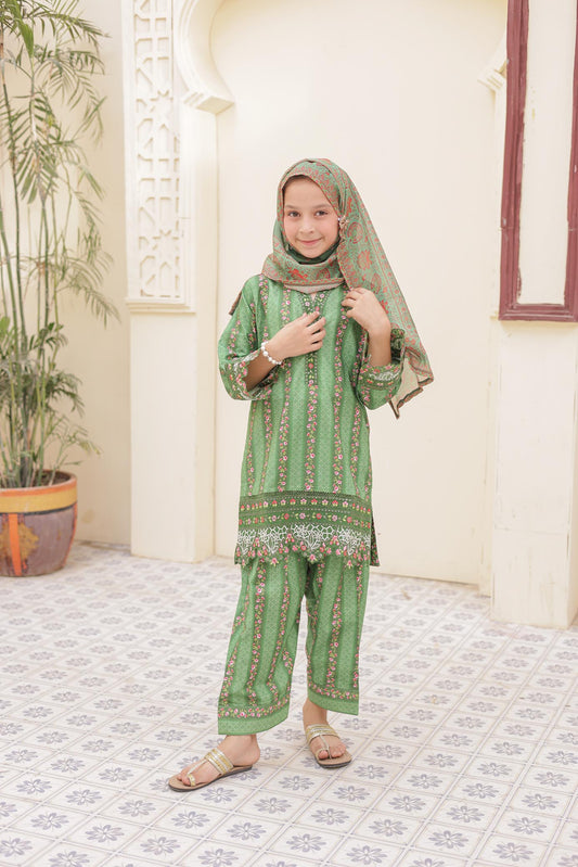3 Pc - GREEN - Farshi Shalwar Printed Chikankari Embroidered Collection