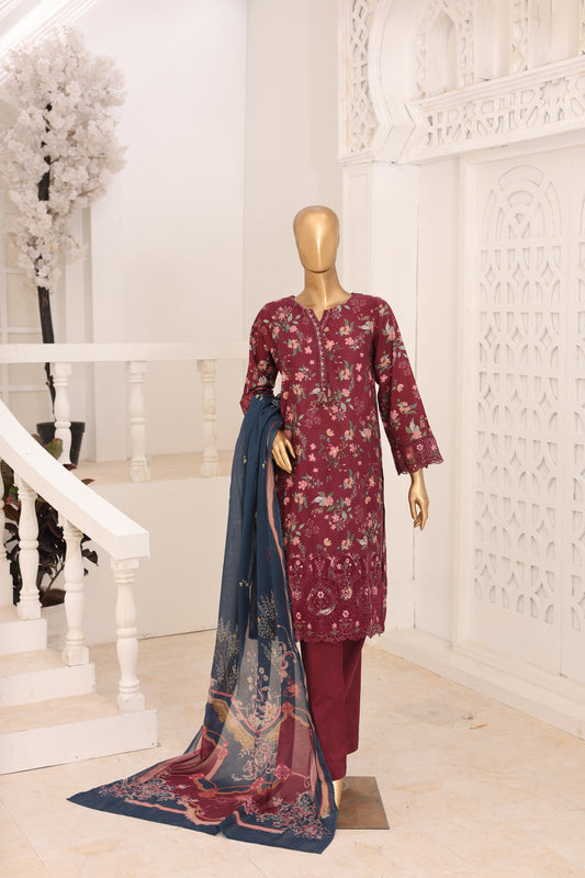03 Pc Printed Laser Embroidered Lawn Suit with Dupatta & Printed Trouser