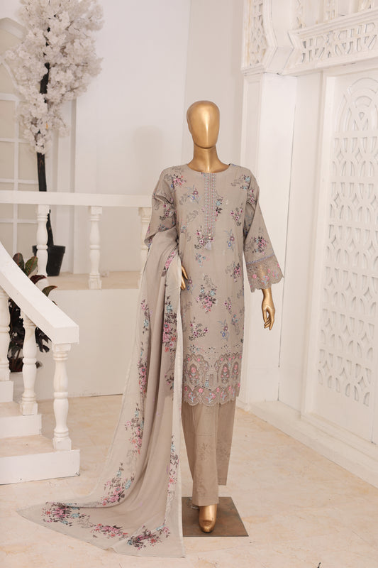 03 Pc Printed Laser Embroidered Lawn Suit with Dupatta & Printed Trouser