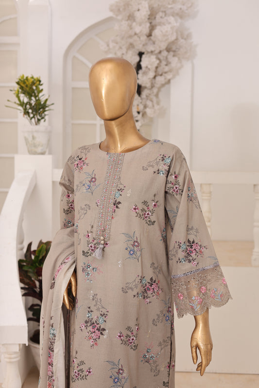 03 Pc Printed Laser Embroidered Lawn Suit with Dupatta & Printed Trouser