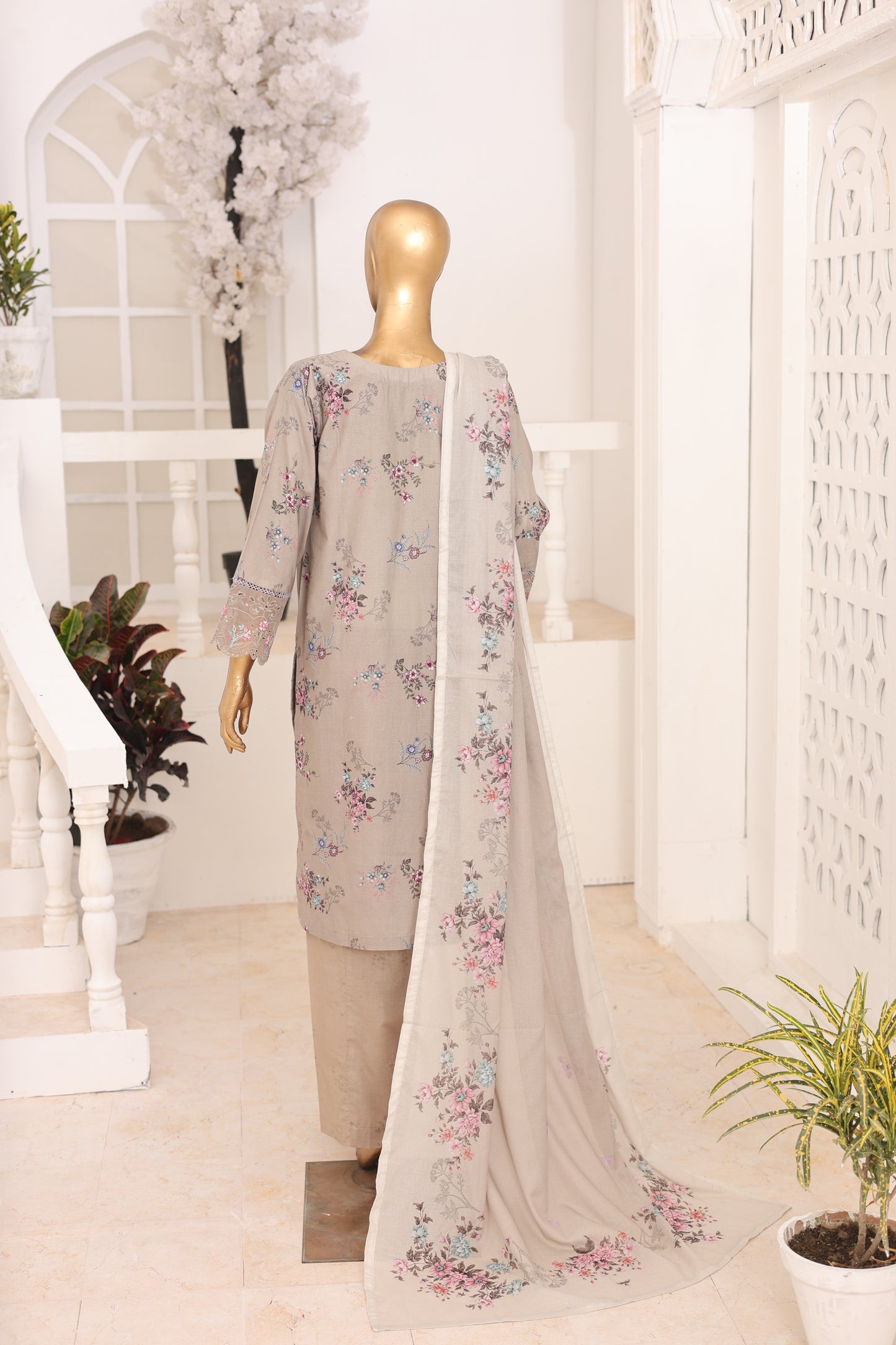 03 Pc Greige Printed Laser Embroidered Lawn Suit with Dupatta & Printed Trouser