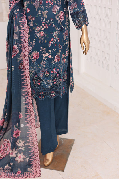 Navy blue floral embroidered outfit on a mannequin against a light background