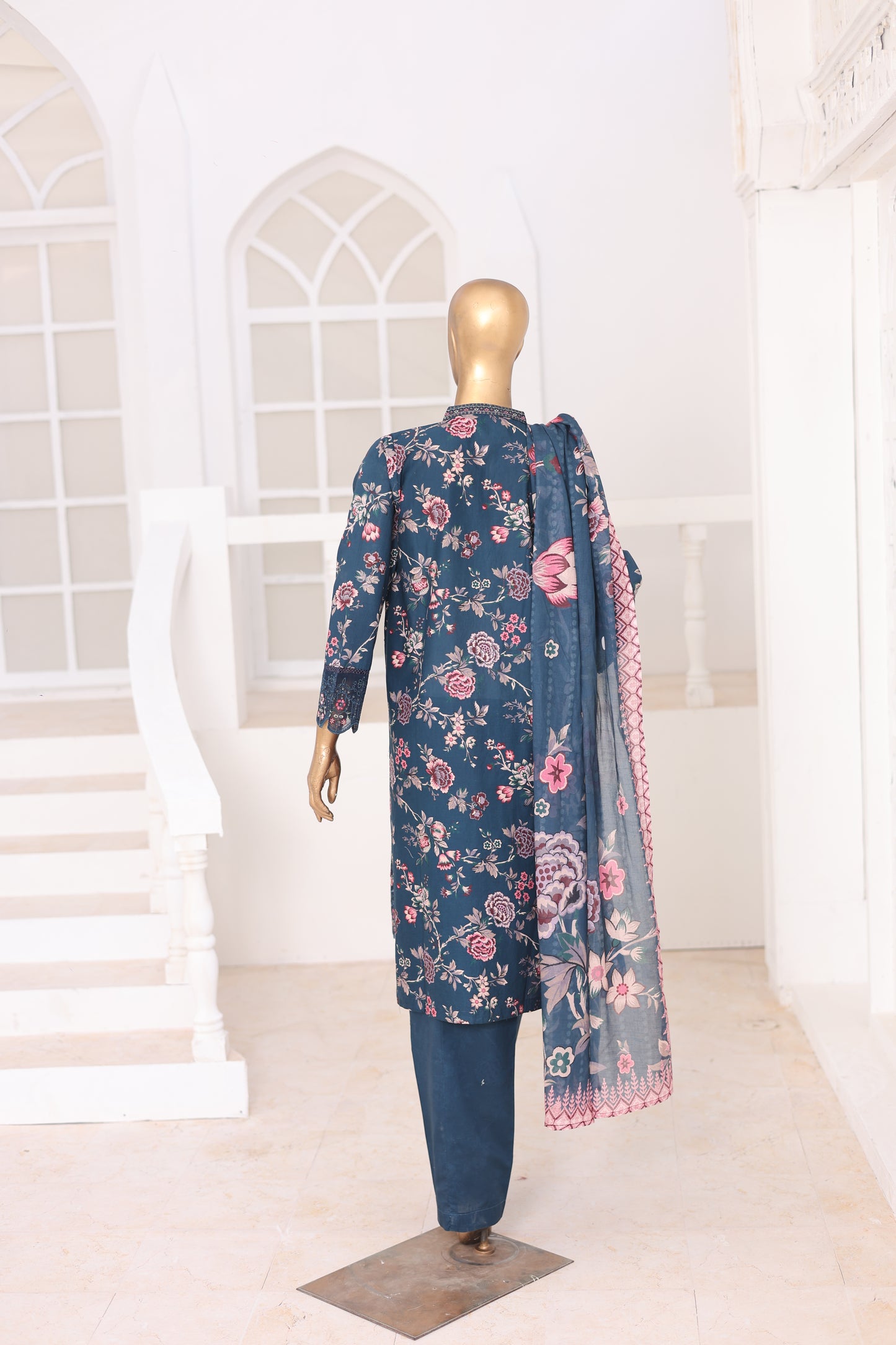 03 Pc Teal Printed Laser Embroidered Lawn Suit with Dupatta & Printed Trouser