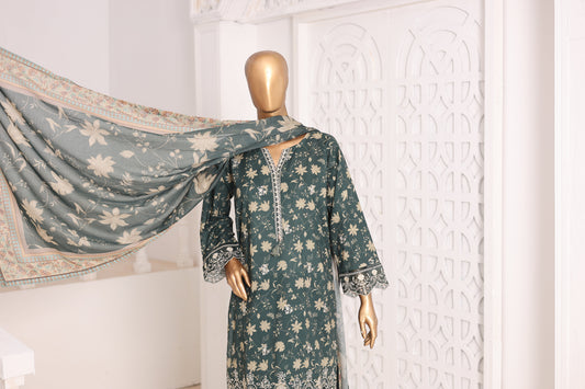 Mannequin wearing a floral dress with a matching scarf in a white room.
