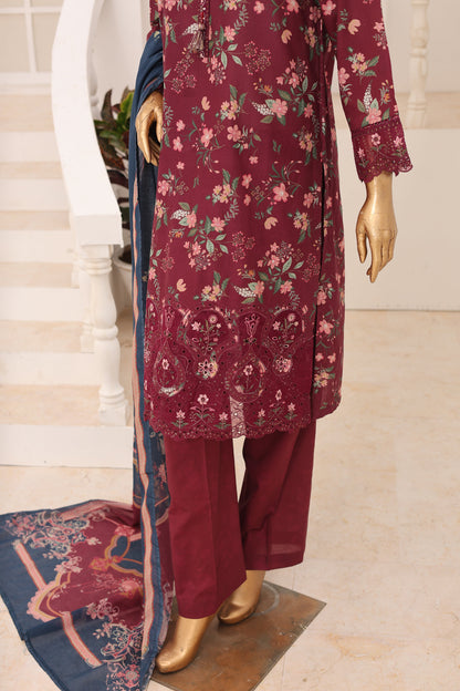 Maroon floral dress with matching pants and dupatta on a mannequin against a neutral background