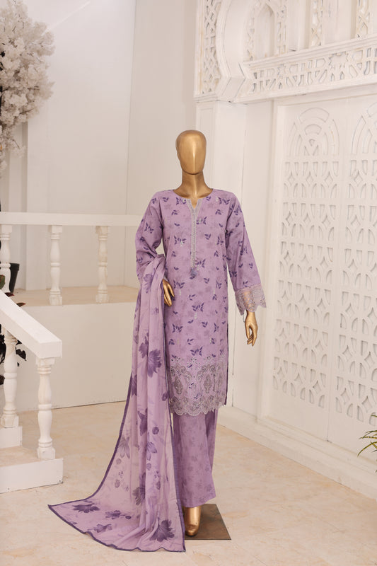 03 Pc Printed Laser Embroidered Lawn Suit with Dupatta & Printed Trouser