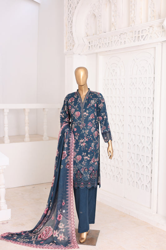 03 Pc Printed Laser Embroidered Lawn Suit with Dupatta & Printed Trouser