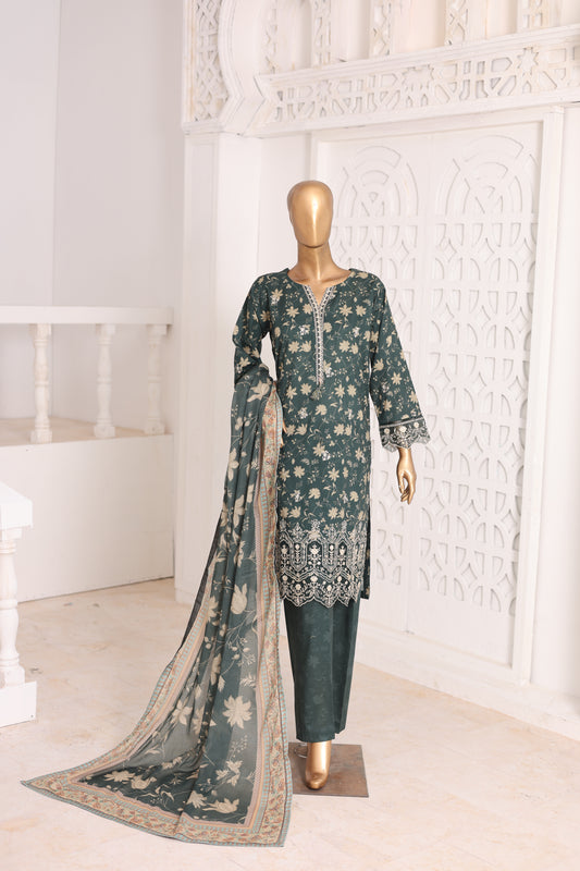 03 Pc Printed Laser Embroidered Lawn Suit with Dupatta & Printed Trouser