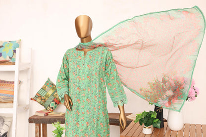 3 PC - GREEN - EMBROIDERED - LACE & CUTWORK