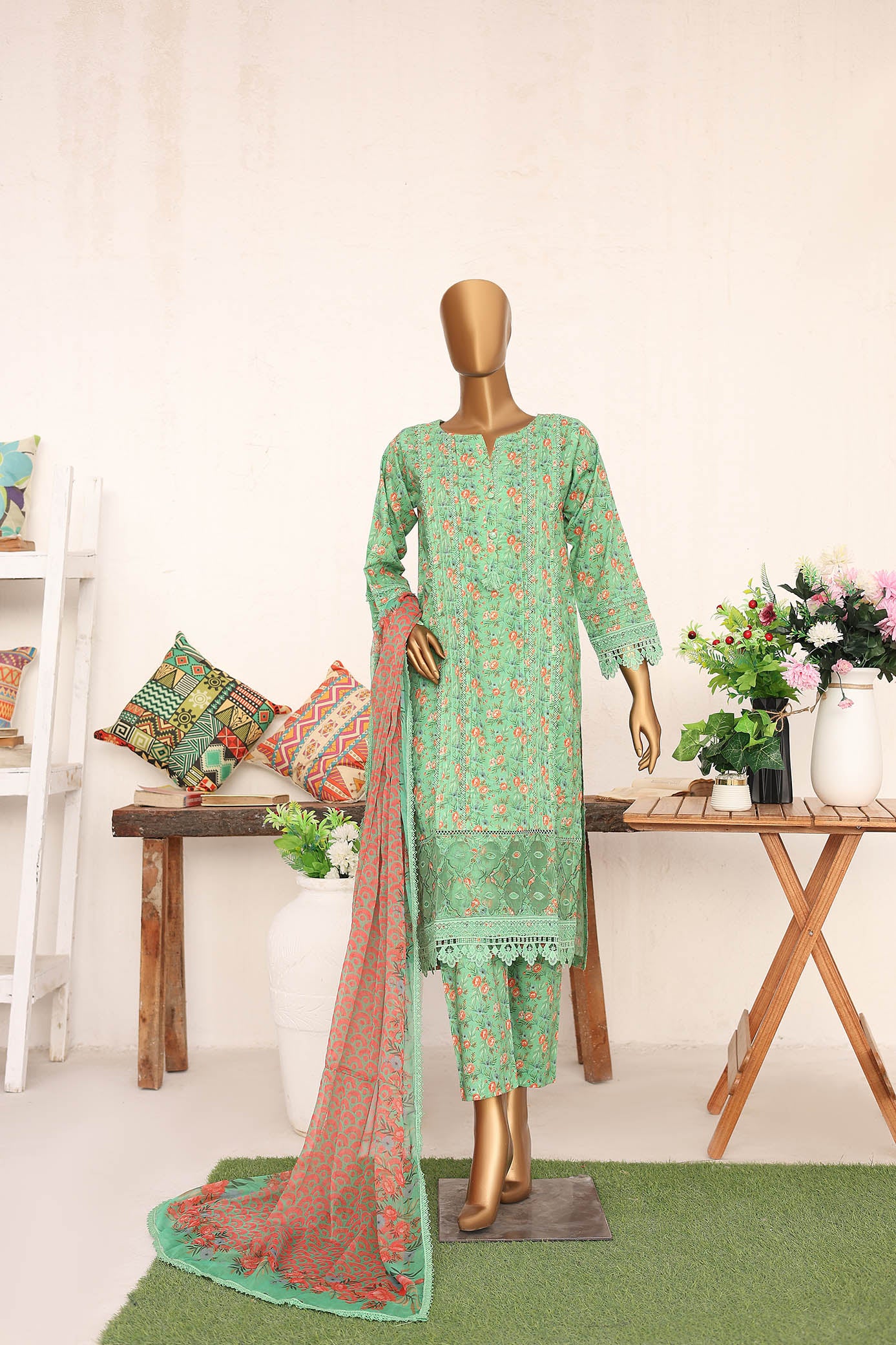 3 PC - GREEN - EMBROIDERED - LACE & CUTWORK