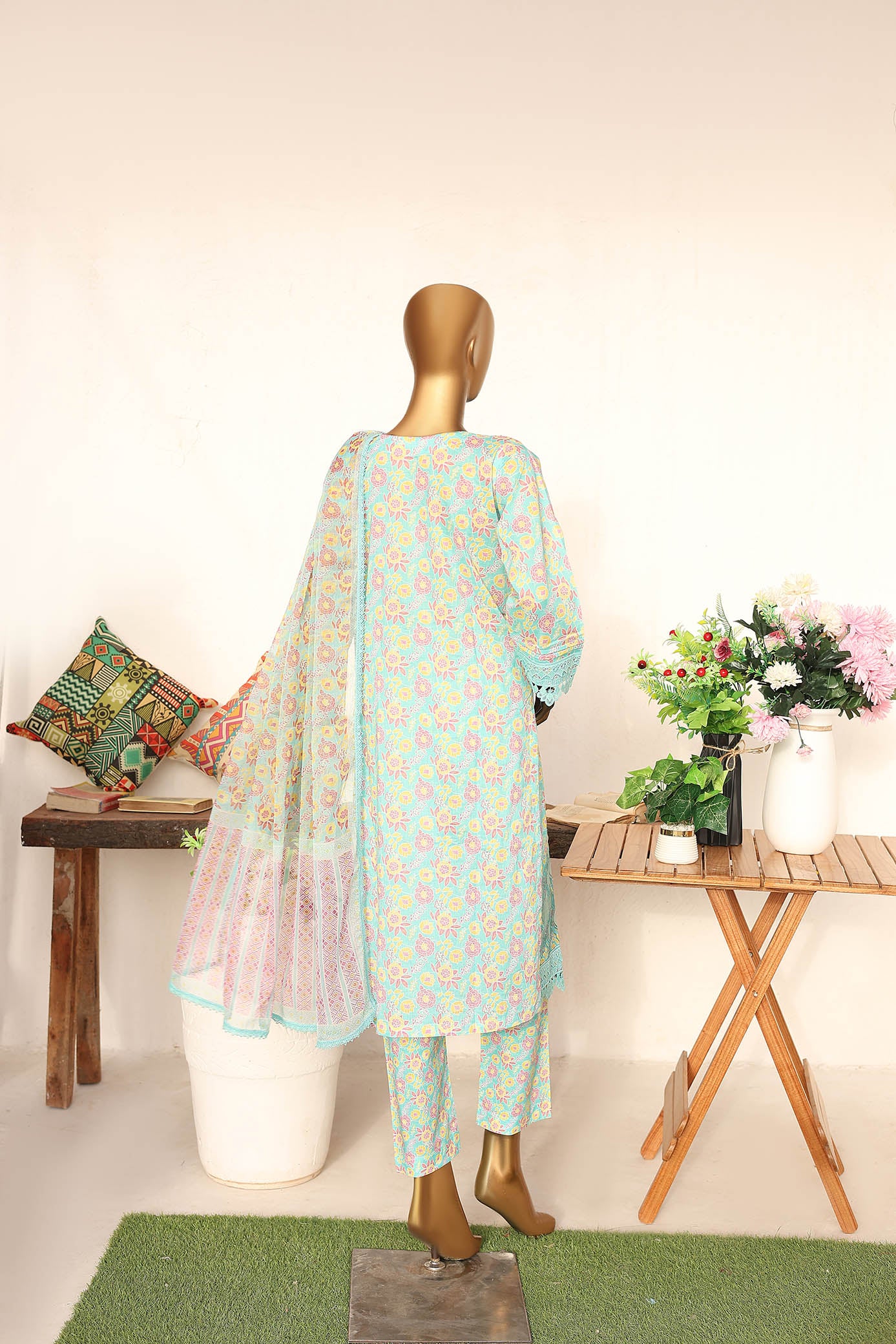 3 PC - SKY BLUE - EMBROIDERED - LACE & CUTWORK