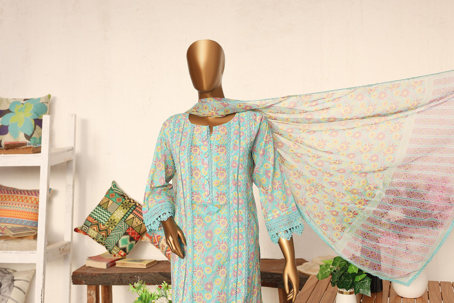 3 PC - SKY BLUE - EMBROIDERED - LACE & CUTWORK