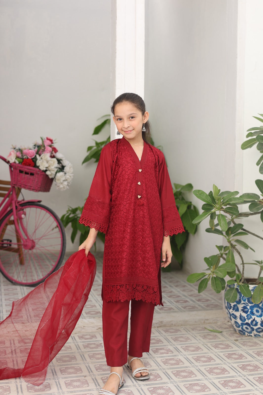 Ruby Embroidered Viscose Shirt with Lacework | Viscose Trouser | Zari Organza Dupatta