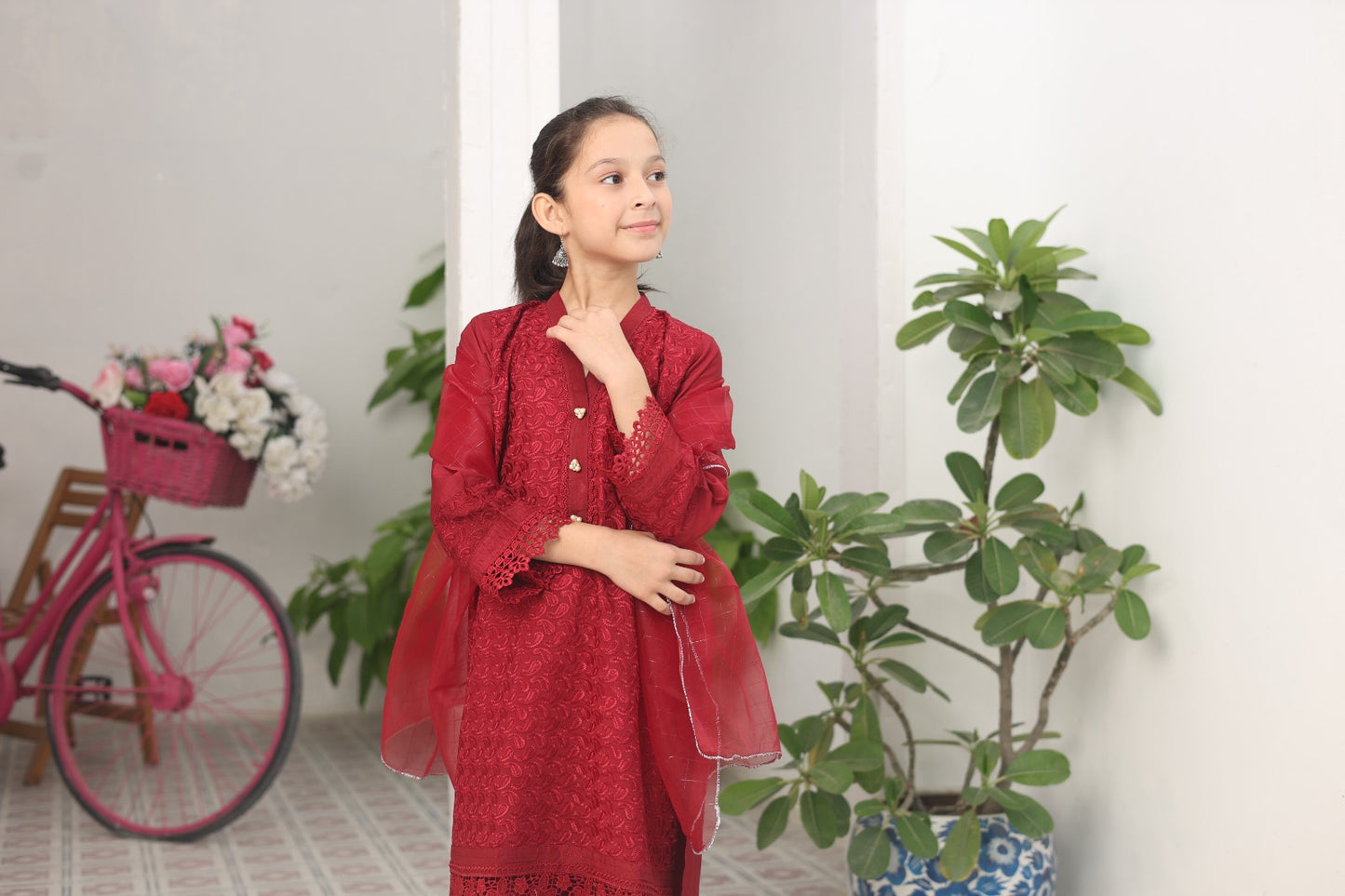 Ruby Embroidered Viscose Shirt with Lacework | Viscose Trouser | Zari Organza Dupatta