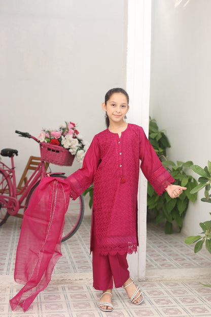 Shocking Pink Embroidered Viscose Shirt with Lacework | Viscose Trouser | Zari Organza Dupatta