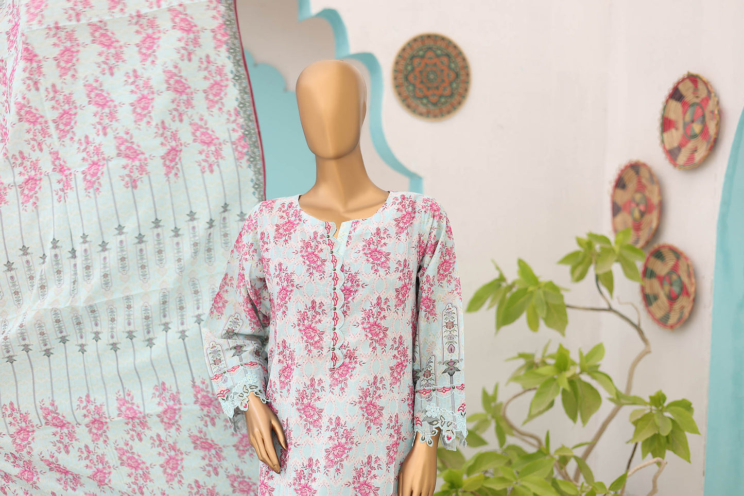 Lawn Printed Embroidered & Cutwork Lawn Shirt with Dupatta & Printed Trouser