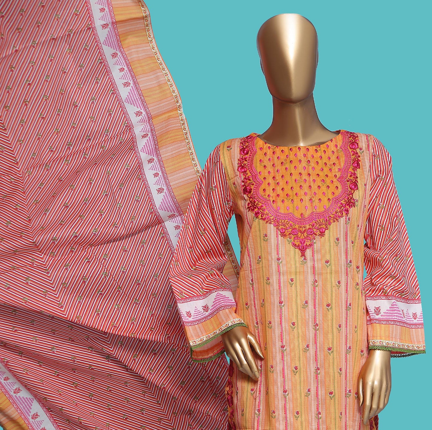 Woman Printed Cambric Stitch Shirt (kurti) with Dupatta & Printed Trouser