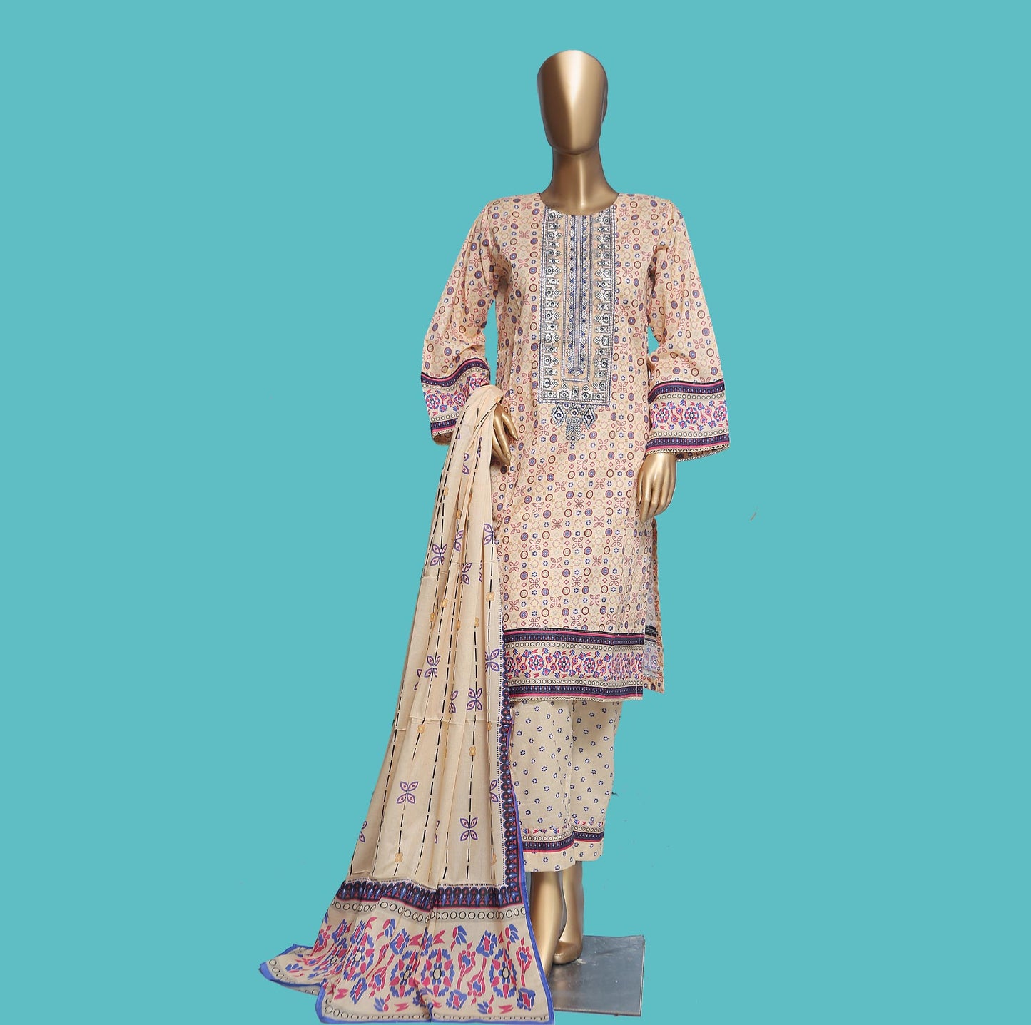 Woman Printed Cambric Stitch Shirt (kurti) with Dupatta & Printed Trouser